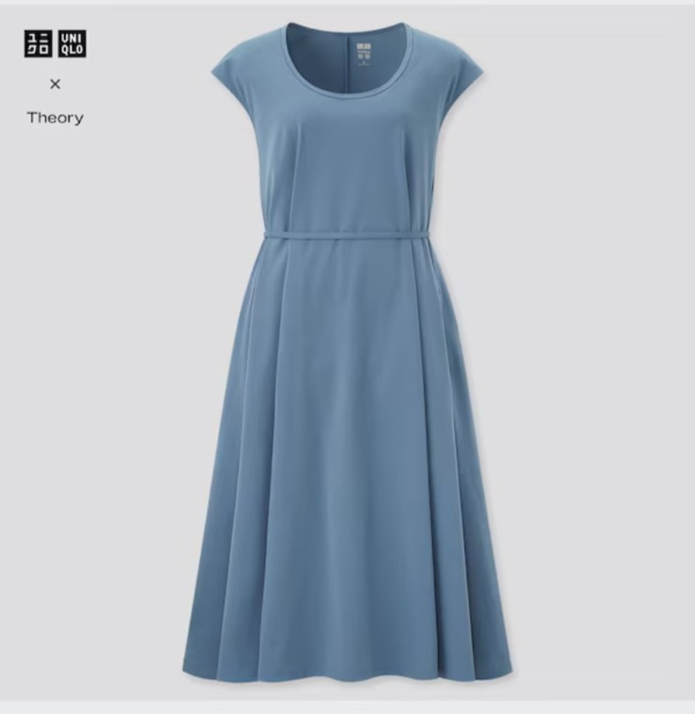 Uniqlo x Theory Ultra Stretch A-Line Midi Dress Blue Dry Tech Short Sleeve S
